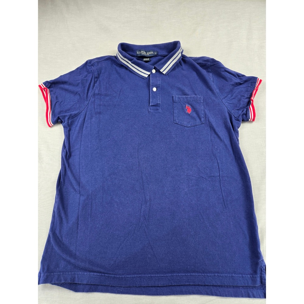 US Polo Assn Mens Slim Fit Polo Shirt Navy Blue Striped Trim‎ Large